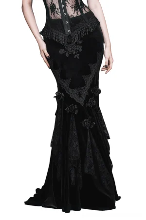 Black velvet gothic train skirt with rose embroidery and lace details, front view on fashion model
