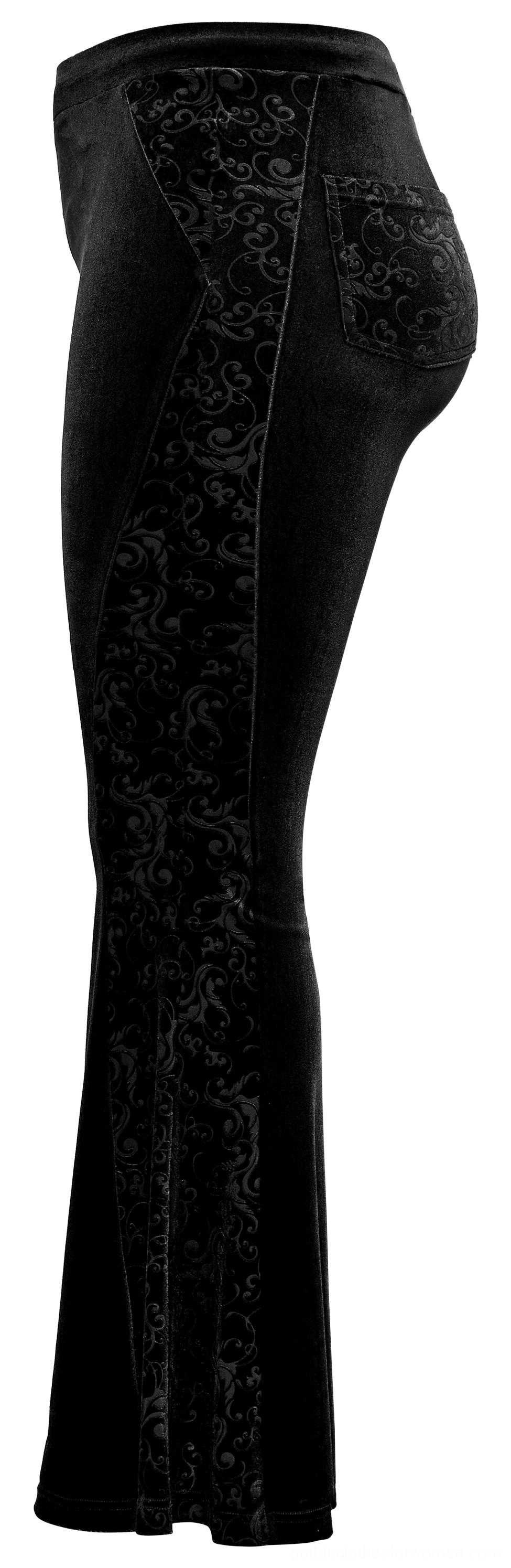 Black gothic velvet pants side flat lay detail showing embossed trim and back pocket baroque scrollwork