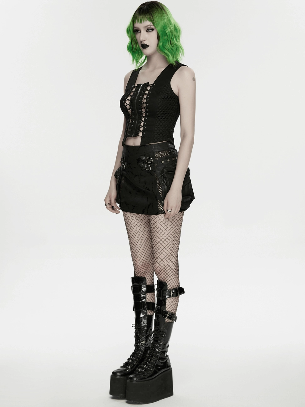 Gothic vest front and side angle display, showing mesh construction and fitted waistline design on model