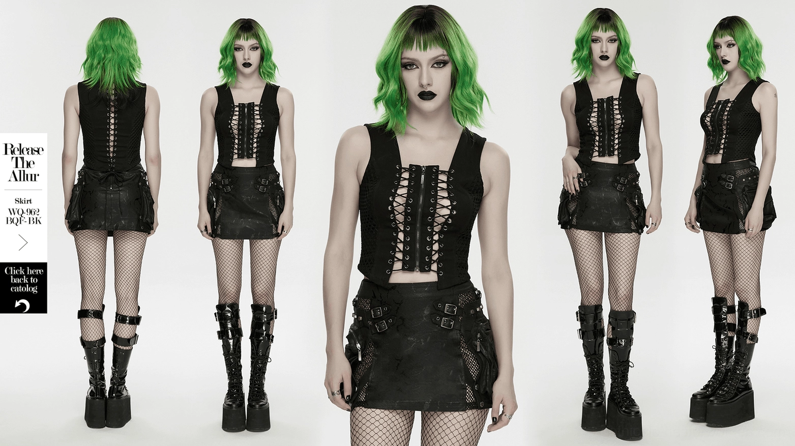 Gothic mesh vest back detail display, full-length back view showing crisscross lace-up pattern and architectural silhouette
