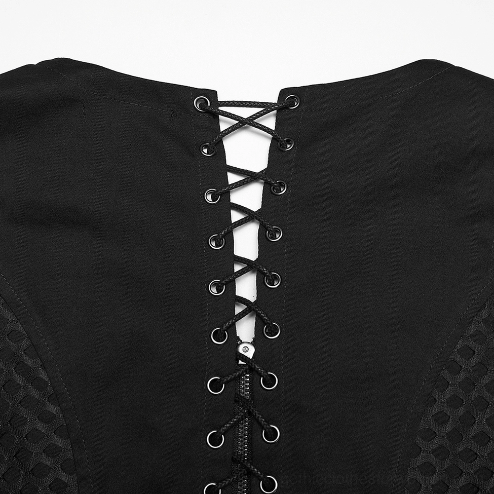 Back lace-up mechanism close-up of gothic mesh vest, displaying crisscross eyelet pattern and breathable mesh side panels