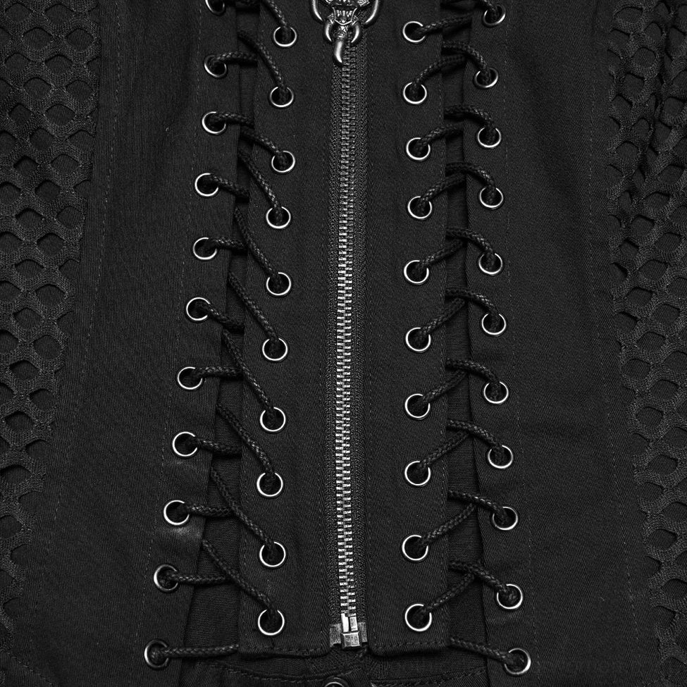 Front closure detail of black gothic lace-up vest, featuring dual lace-up rows, metal eyelets, and integrated zipper system