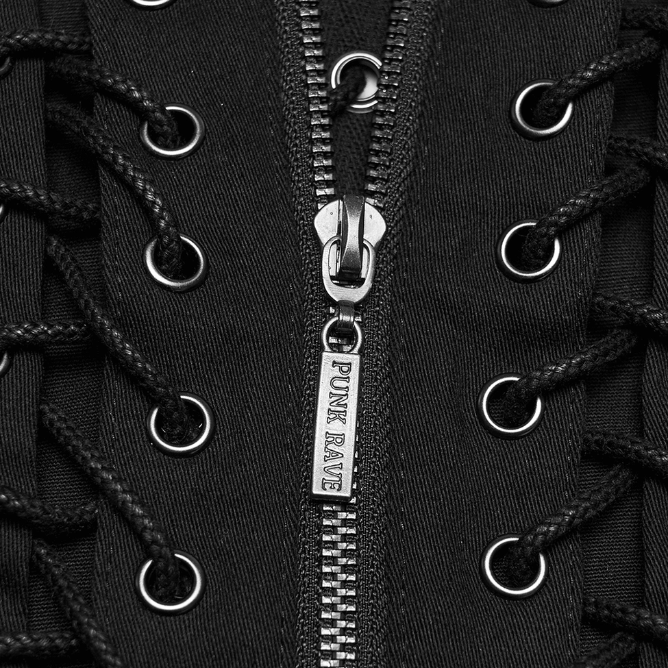 Close-up detail of gothic vest hardware, showing premium metal zipper, precision eyelet design, and branded hardware components