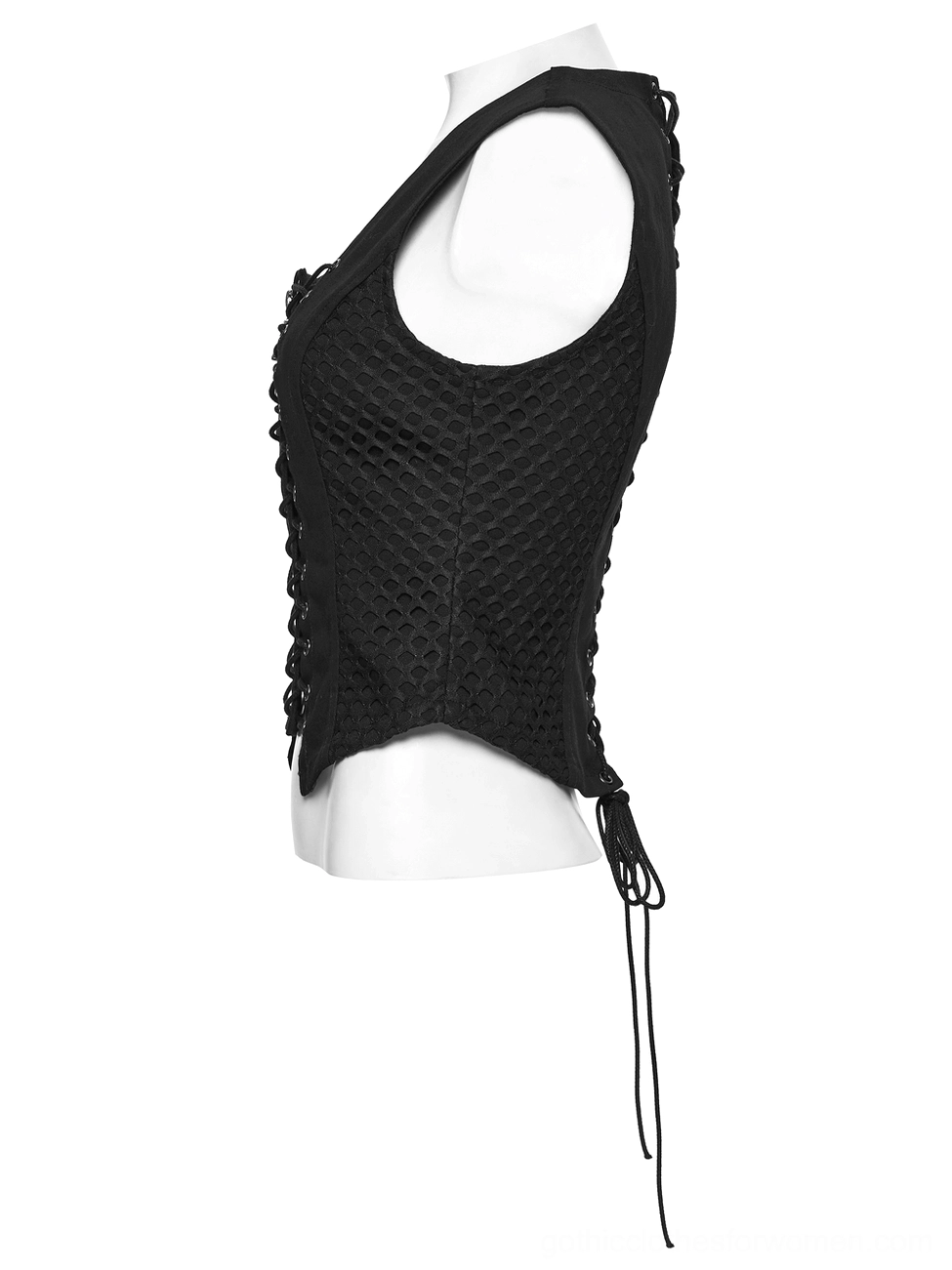 Slim-fit gothic waistcoat side profile on mannequin, displaying sleeveless silhouette and curved hem with side drawstring detail