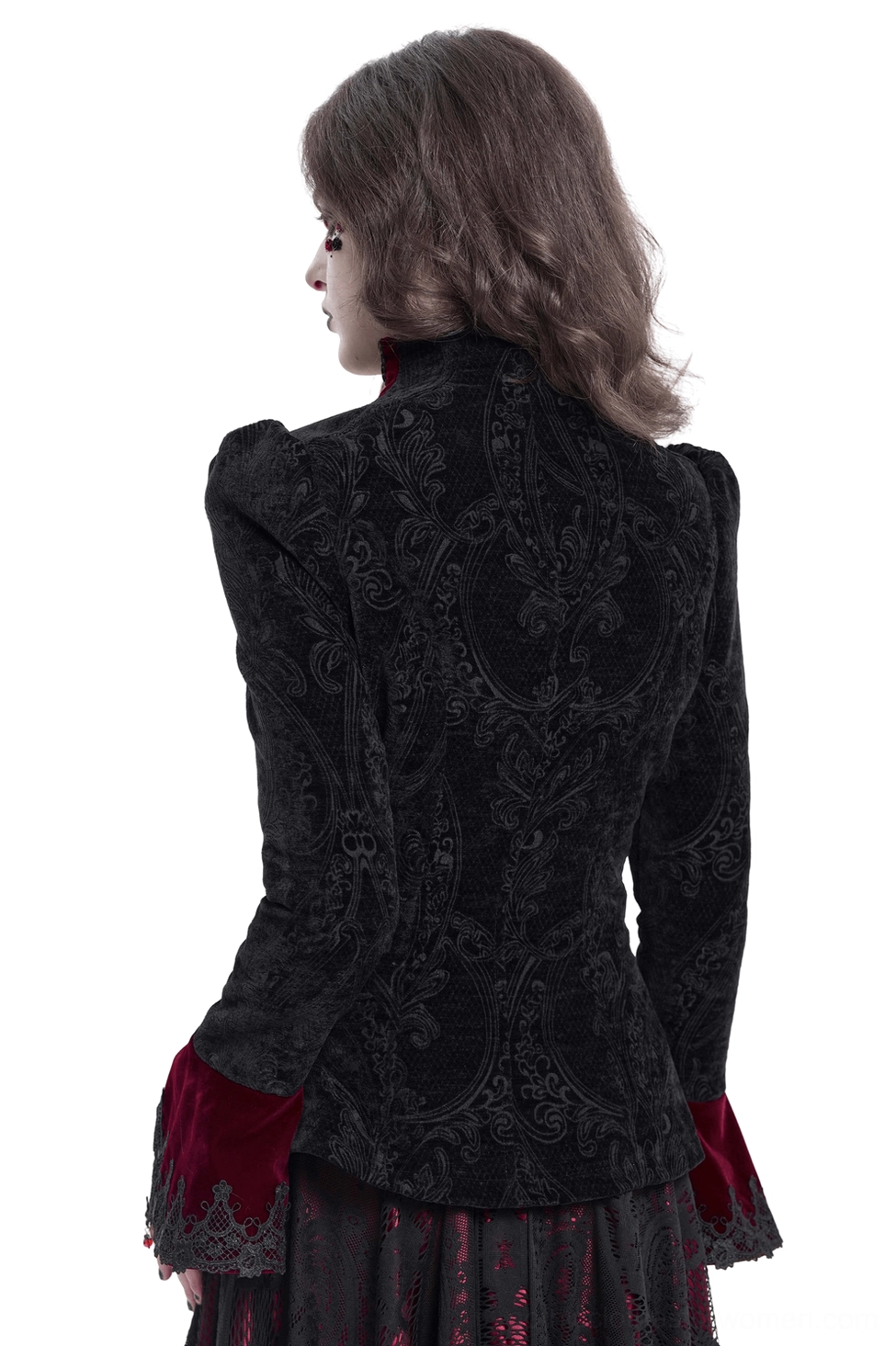 Back view of gothic Victorian wine red blazer showing intricate damask jacquard embroidery, puffed shoulders, fitted waist, and lace-trimmed velvet cuffs