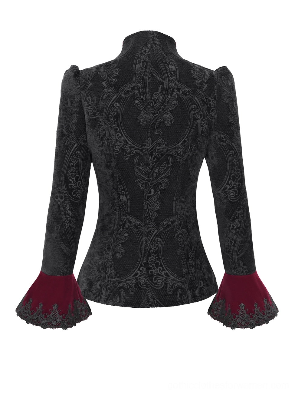 Back flat lay of gothic Victorian blazer revealing intricate damask embroidery pattern, puffed sleeves, and velvet lace-trimmed cuffs detail