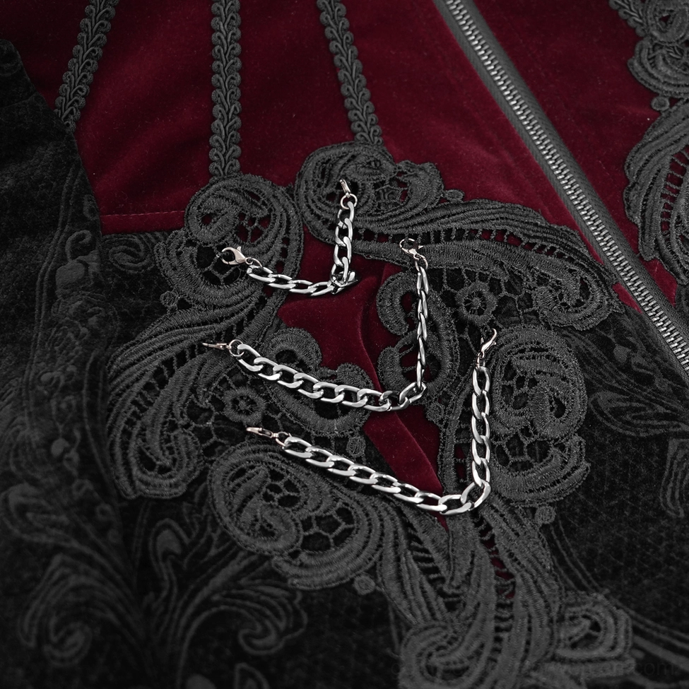 Detailed view of gothic Victorian blazer bell sleeve and lace cuff showing wine red velvet texture with black decorative lace edging