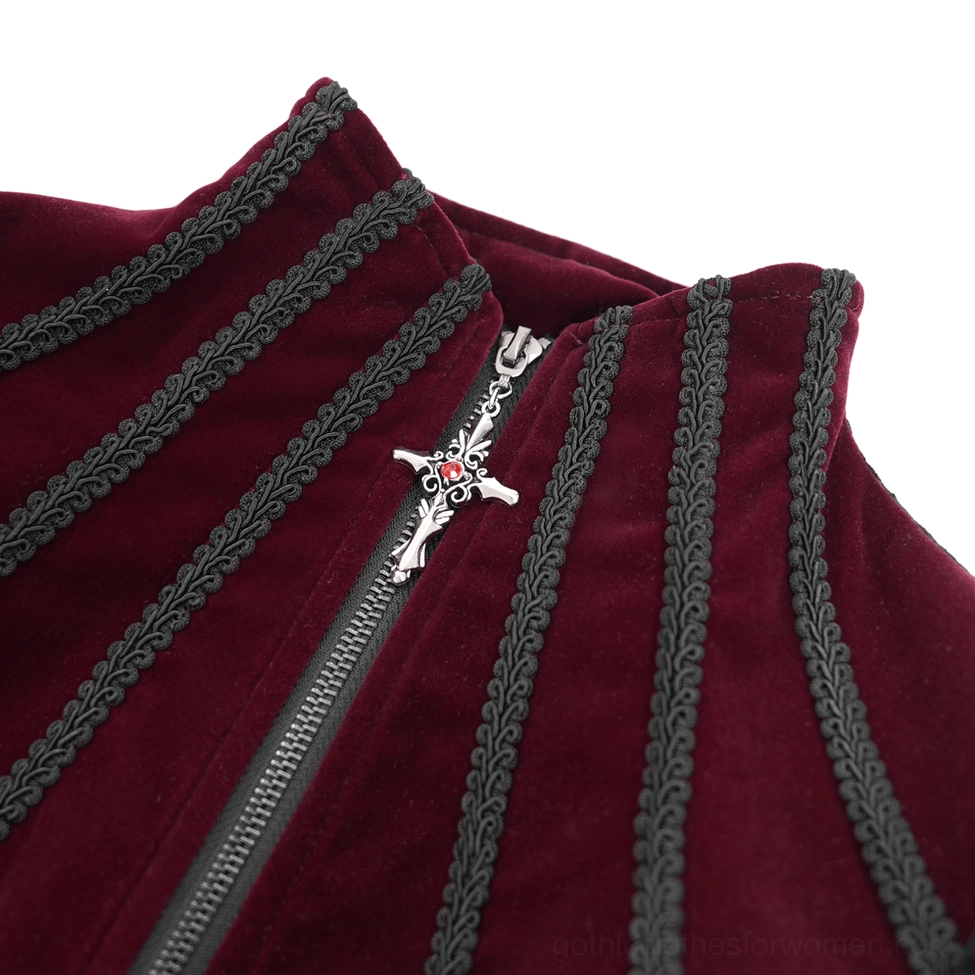 Close-up detail of gothic Victorian blazer collar and zipper showing wine red velvet, black braided trim, and cross-shaped zipper pull