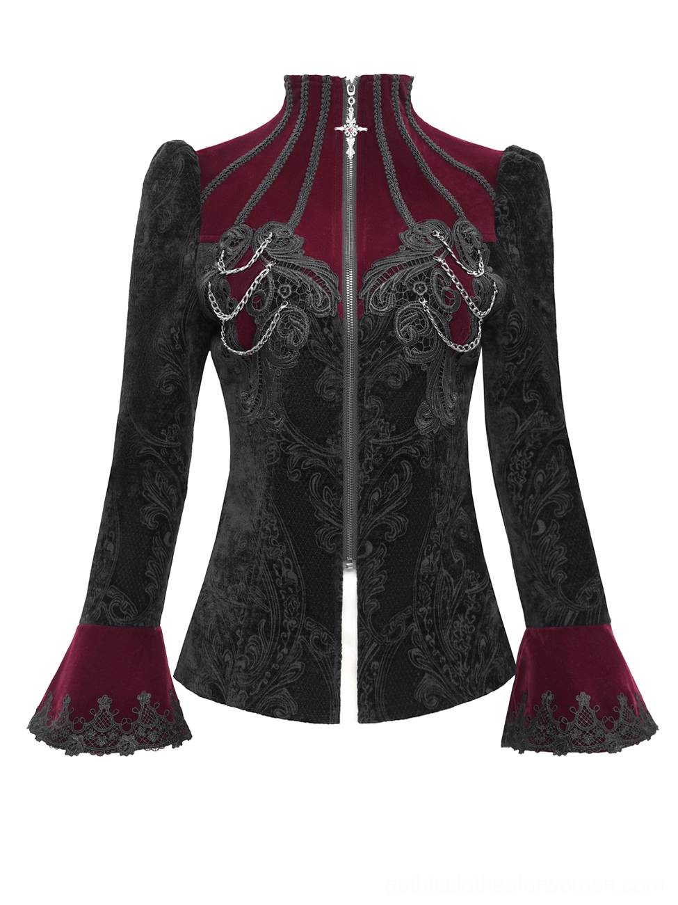 Front flat lay of gothic Victorian blazer highlighting stand collar, front zipper, cross charm detail, and embroidered jacquard fabric texture