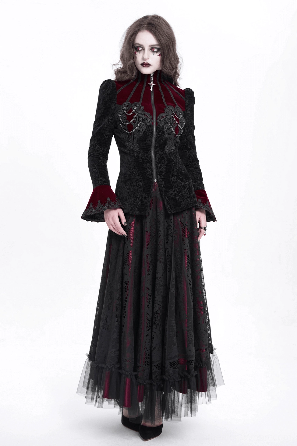 Another perspective of gothic Victorian blazer highlighting the fitted waist, embroidered jacquard body, and theatrical bell sleeves