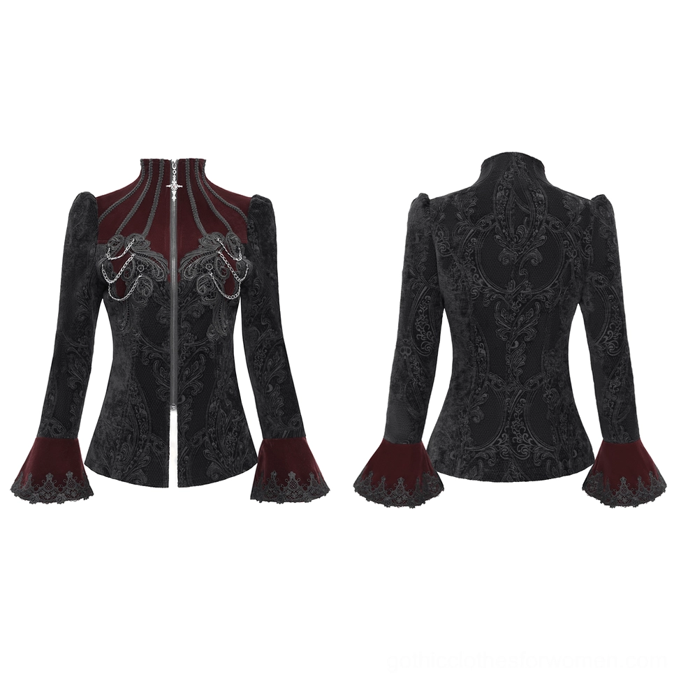 Flat lay front and back display of gothic Victorian blazer in wine red and black showing two-tone design, chain accents, and flared lace cuffs
