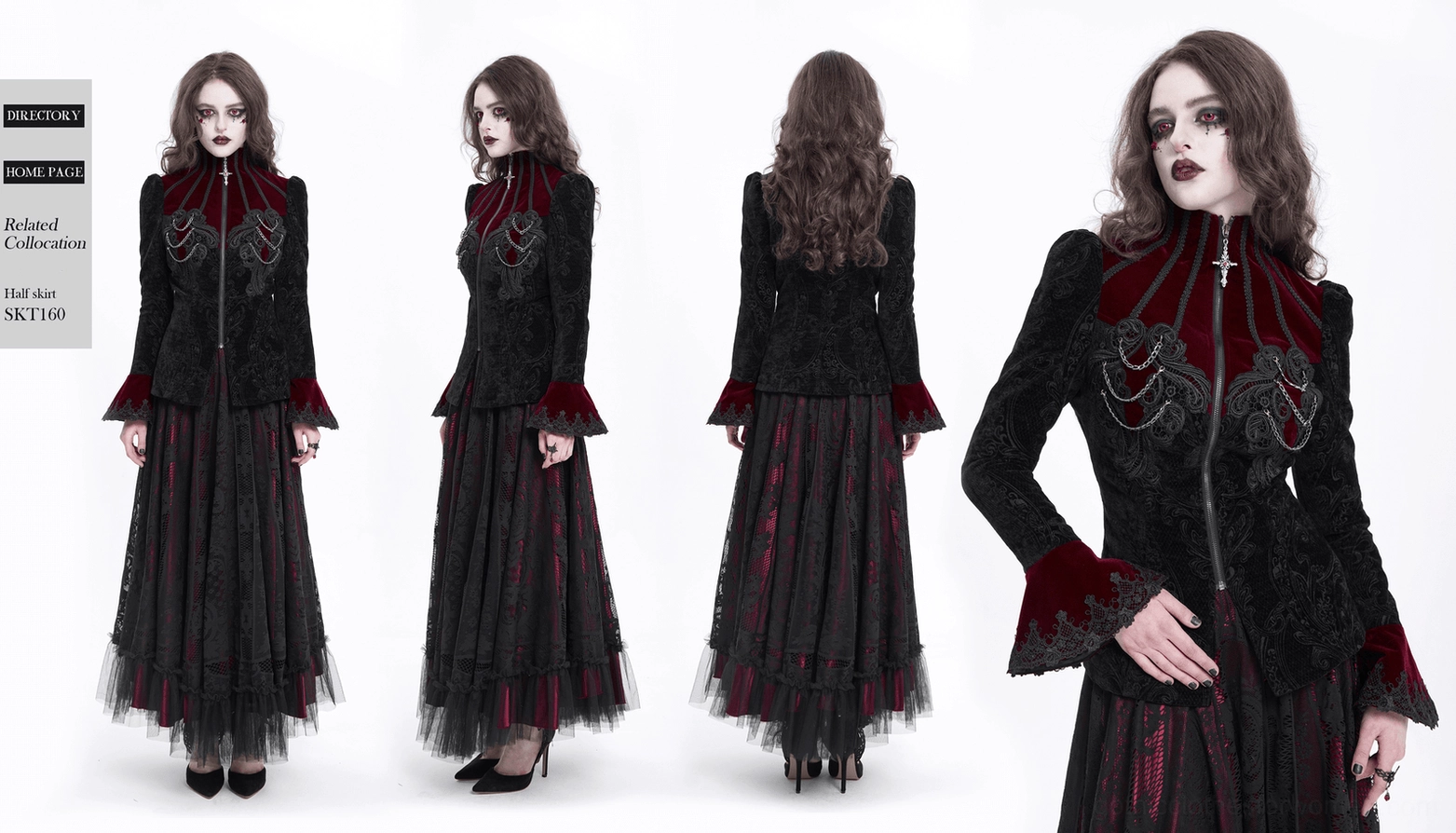 Full-body view of gothic Victorian wine red blazer on model showing complete silhouette with chain accents and dramatic bell sleeves