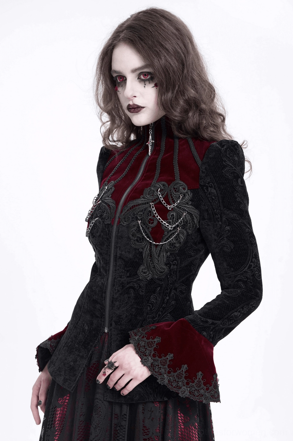 Alternative angle of gothic Victorian blazer showing shoulder structure, damask pattern, and overall architectural design of the piece