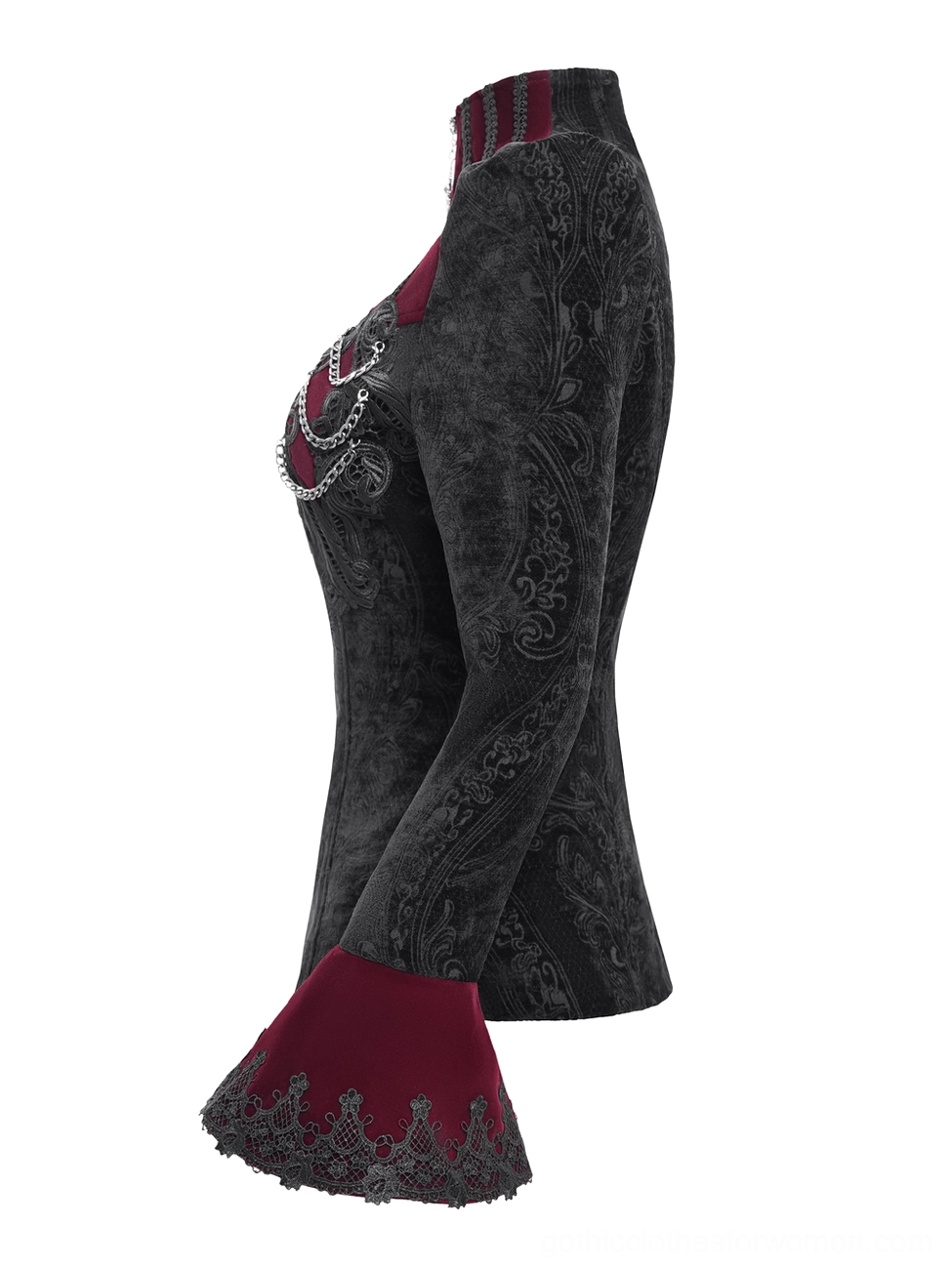 Side view flat lay of gothic Victorian blazer showing curved tailored waist, velvet lace cuffs, and chest chain decorations