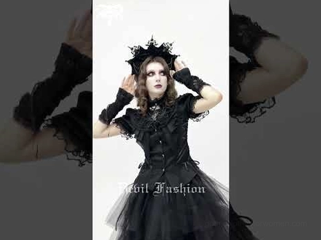 Complete gothic lolita outfit with Victorian blouse, crown headdress, and lace gloves - model adjusting gothic crown