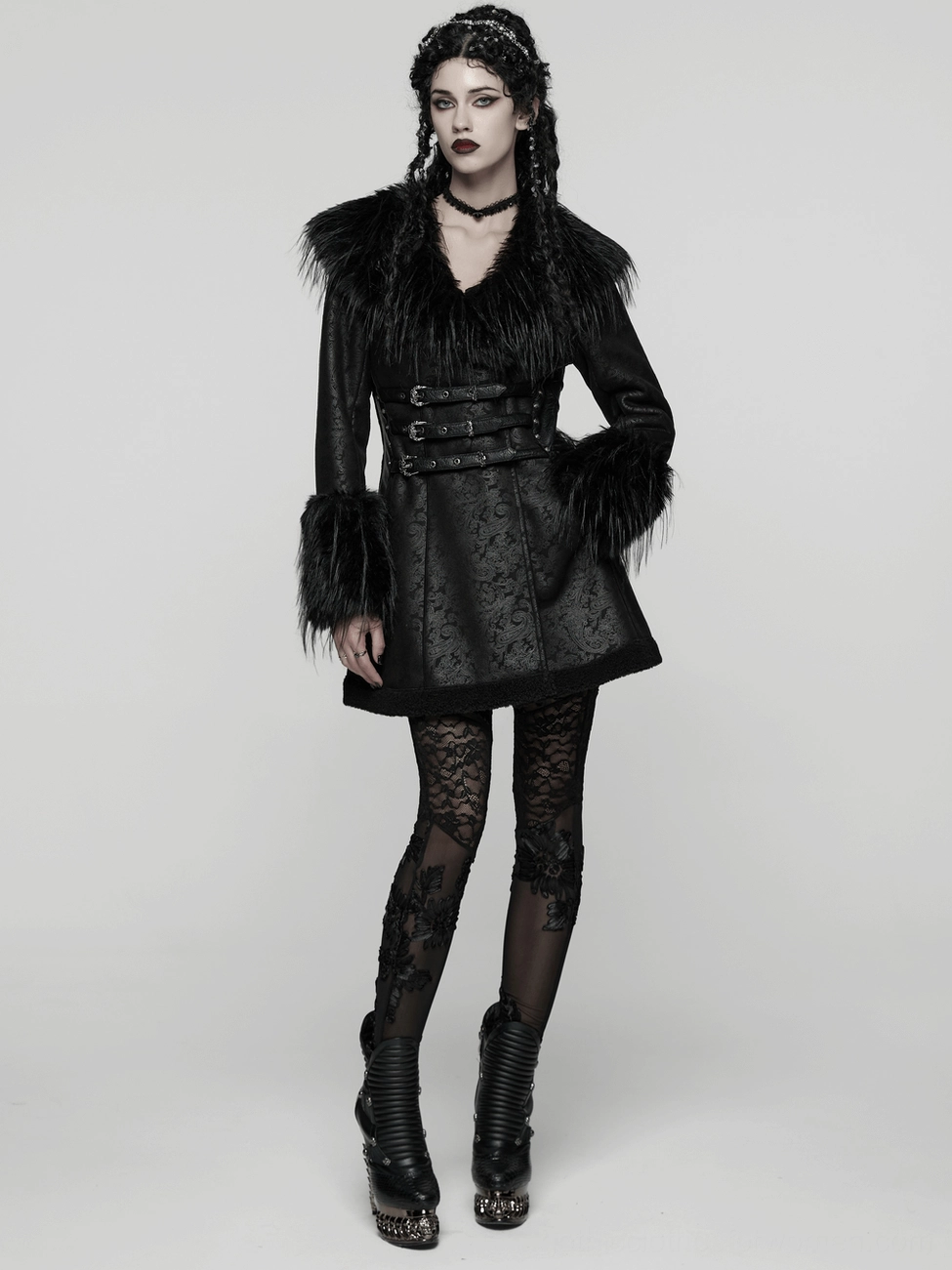 Victorian gothic black faux fur coat styled full presentation showcasing dramatic silhouette and sophisticated alternative fashion aesthetic