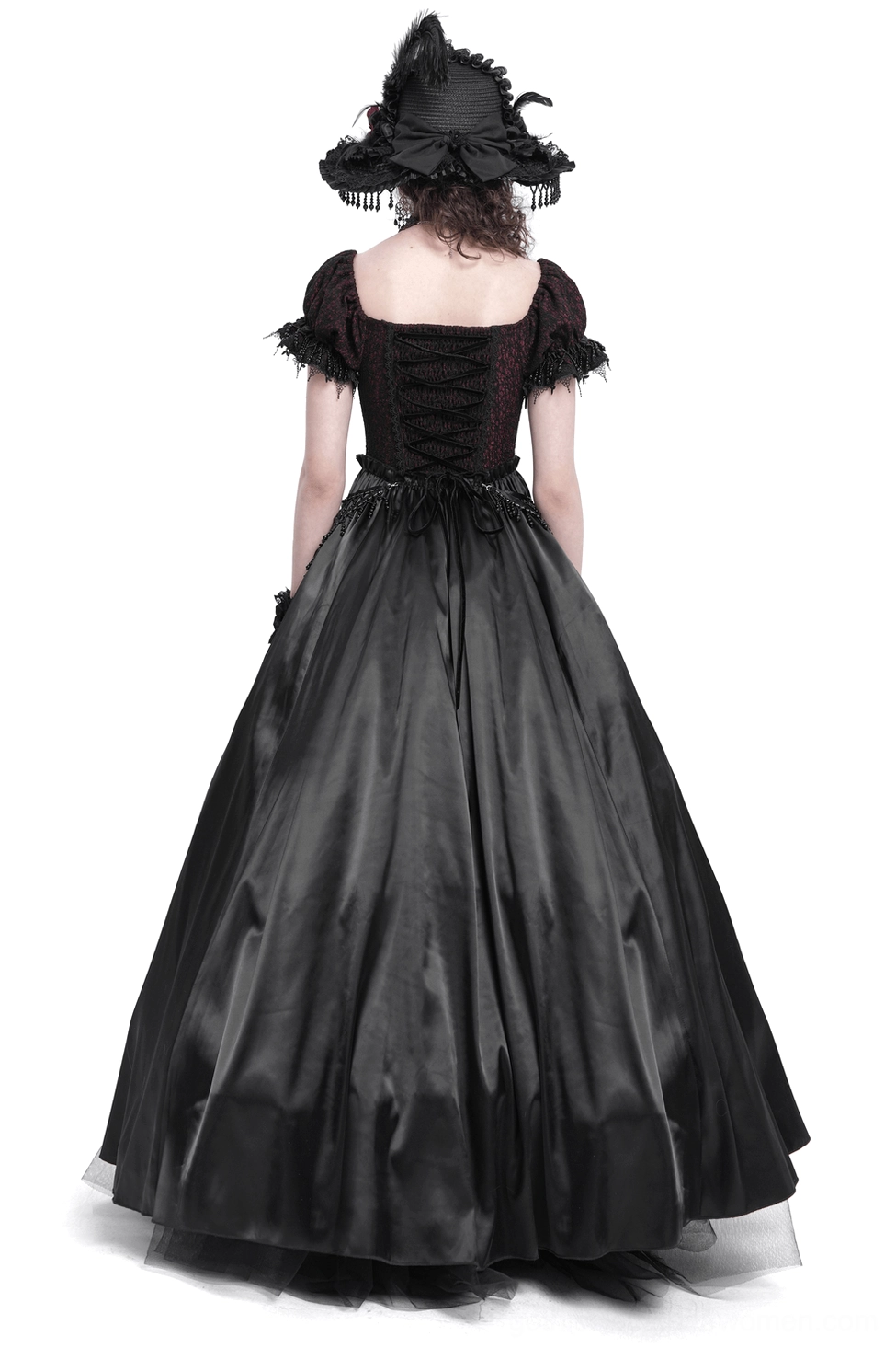 Back view of black burgundy gothic Victorian formal gown featuring full satin skirt and structured ruffle sleeves, dramatic evening dress silhouette