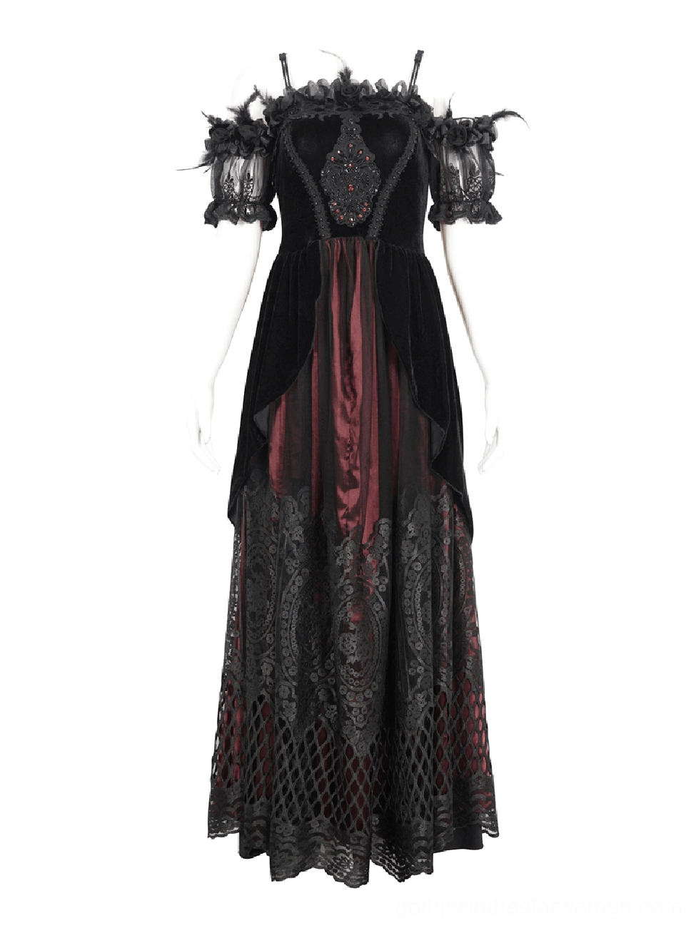 Black and wine red velvet gothic dress with feather ruffled sleeves and color-block lace mesh skirt front display