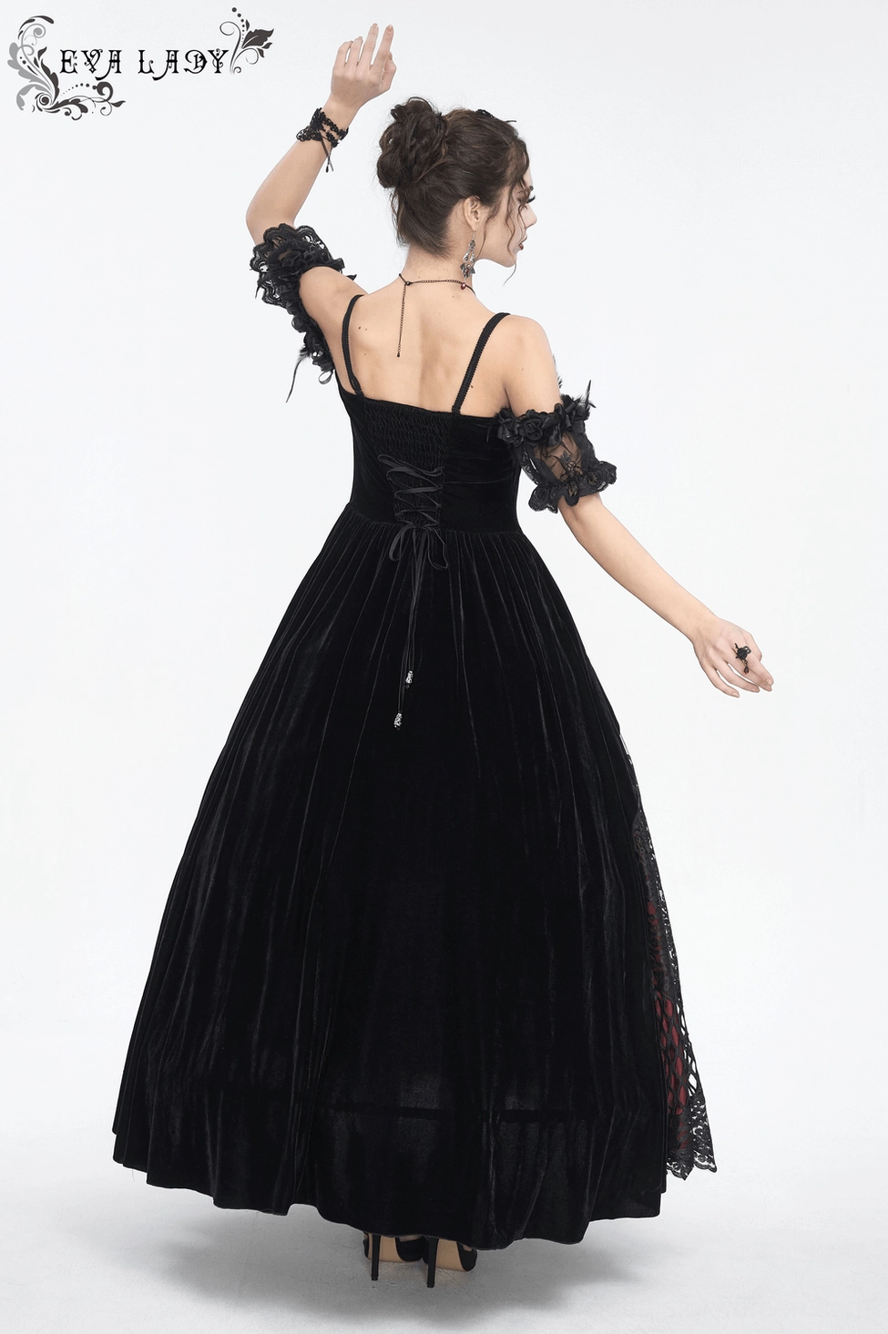 Black burgundy Victorian gothic dress three-quarter view displaying complete silhouette and design elements