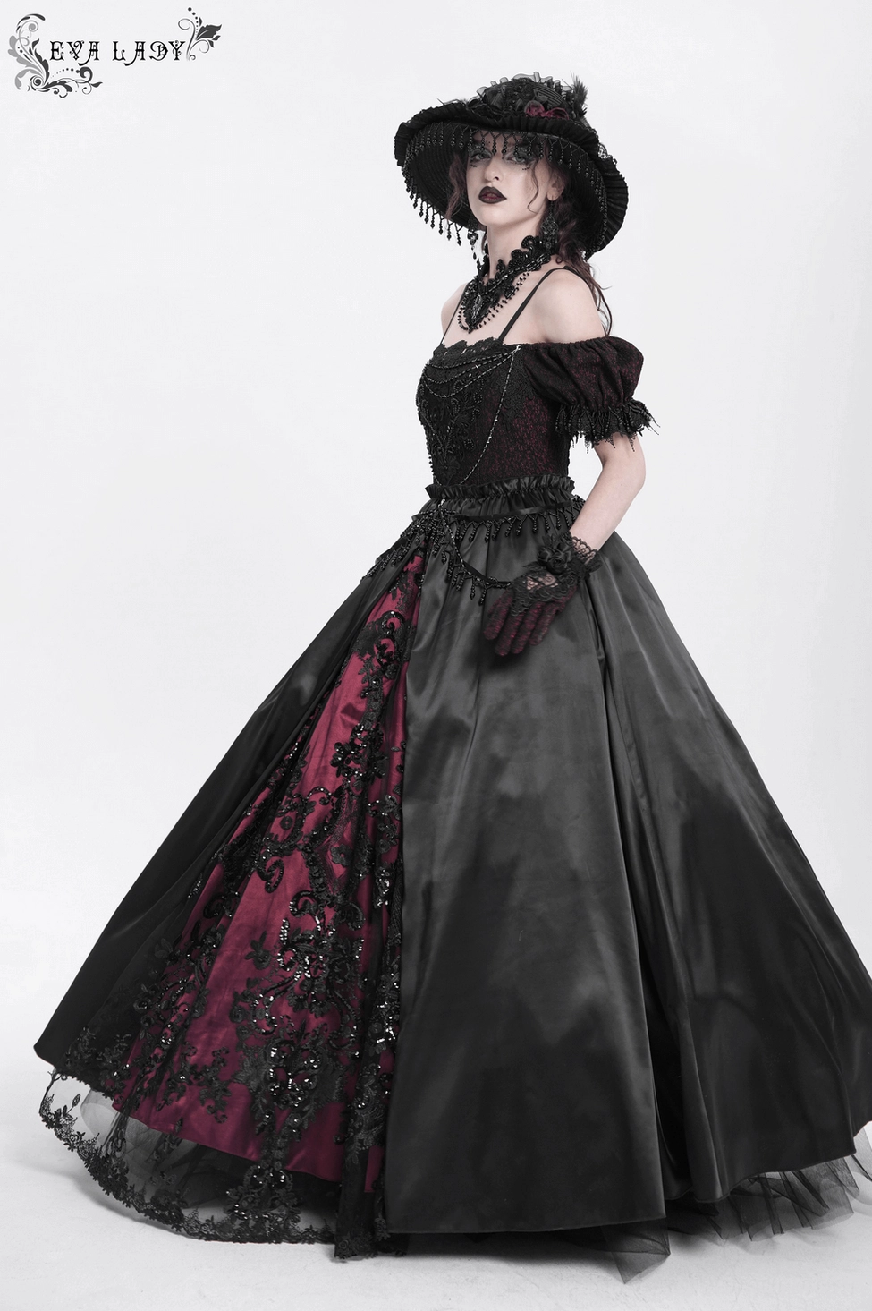 Alternative view of gothic Victorian gown emphasizing romantic silhouette, beaded embellishment, and sophisticated off-shoulder styling