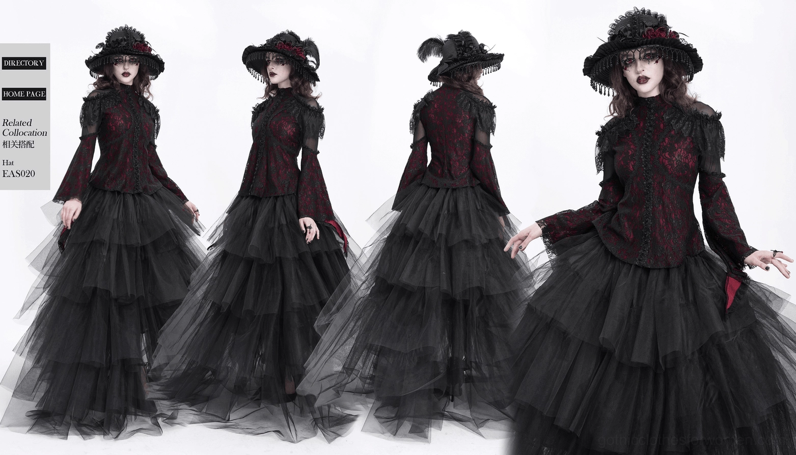 Full-body back view of Victorian gothic lace blouse on model displaying complete silhouette, bell sleeve length, and back design