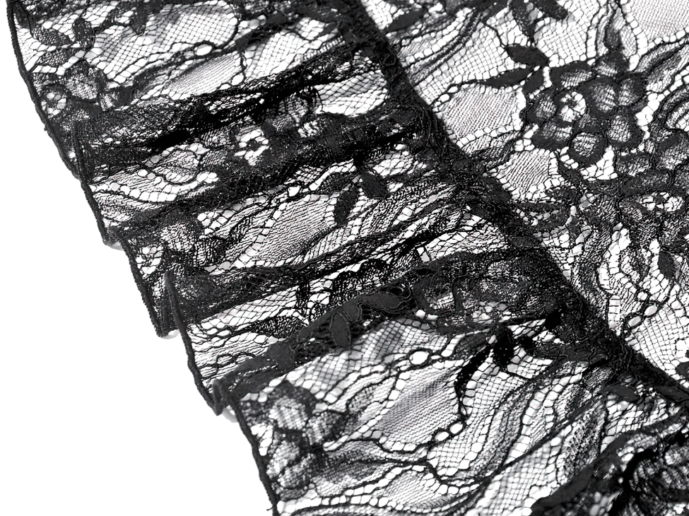Black Victorian gothic lace dress detailed view of ruffled tulle layers creating dimensional gothic silhouette and dramatic movement