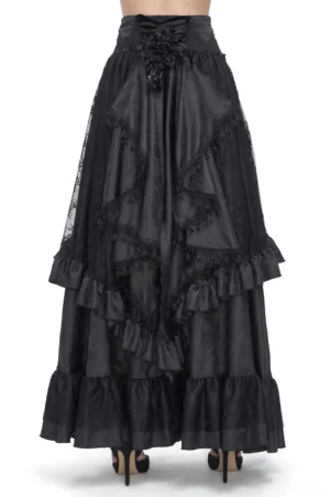 Full frontal view of gothic lace maxi skirt with waist floral brooch, layered ruffle trims, and structured high-waist design
