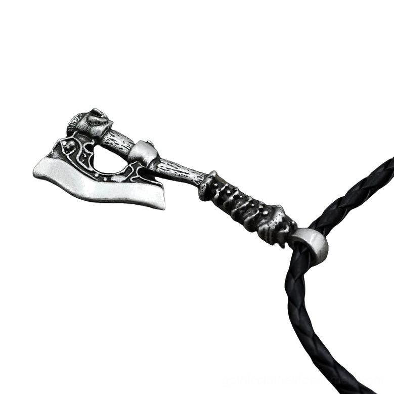 Black gothic Viking axe pendant on braided leather rope necklace, antique finish
