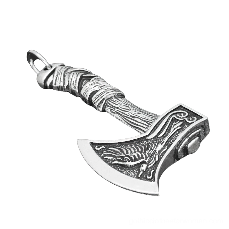 Silver gothic Viking axe pendant with intricate raven engraving and wrapped handle on metal chain