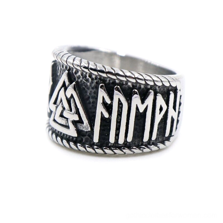 Gothic Viking rune ring right side view showing antique silver tone, twisted rope edge, and intricate Valknut rune design work