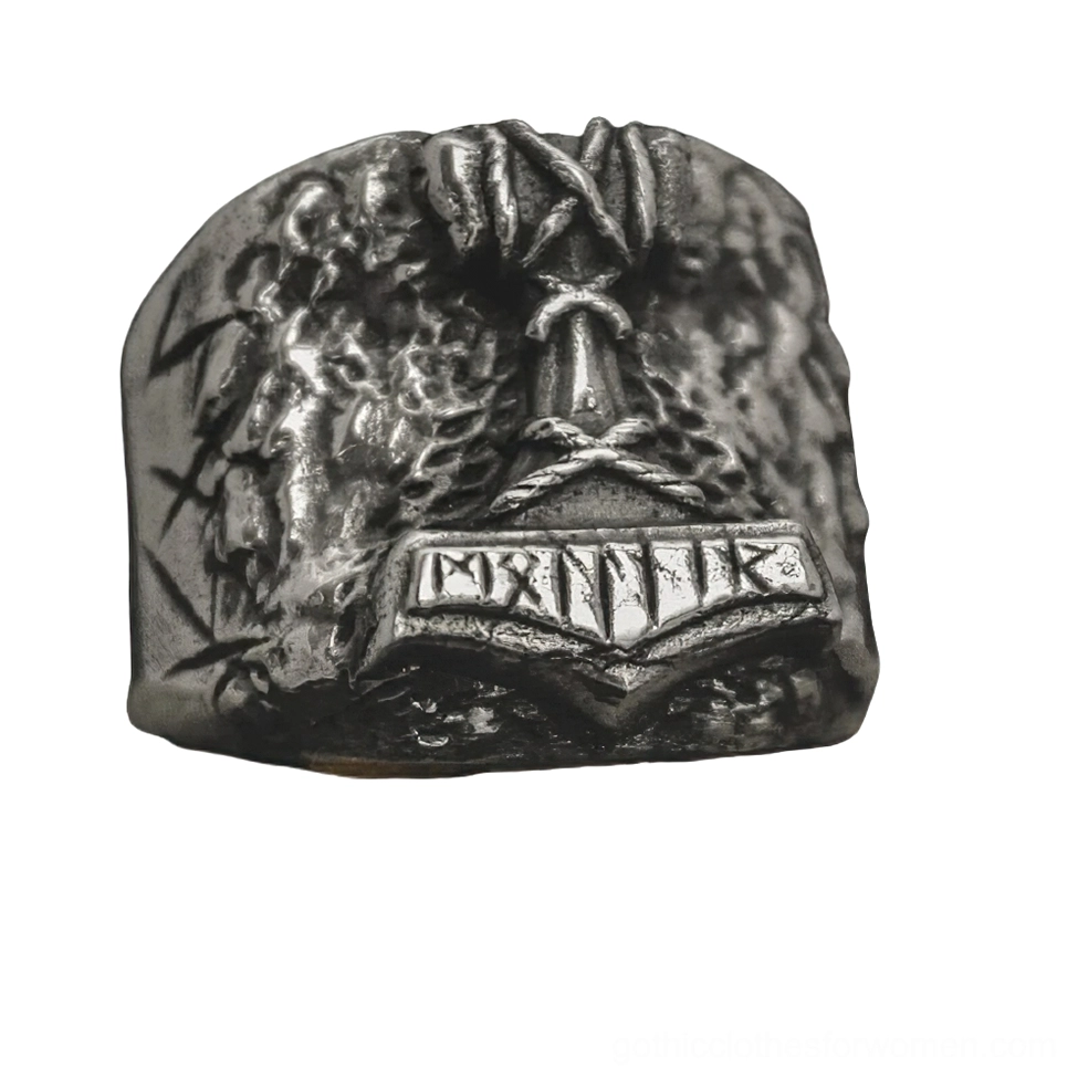 Gothic Viking signet ring front three-quarter angle displaying dark silver finish and runic engravings with battle axe motif