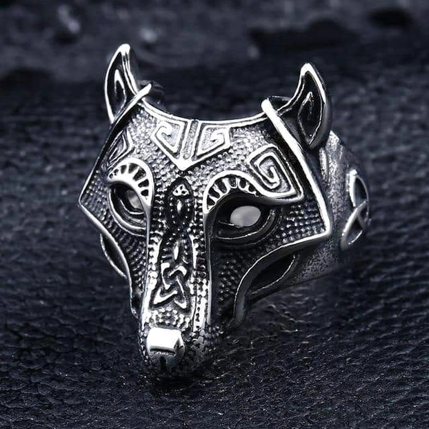 Viking wolf helmet ring with Celtic geometric patterns and hollow wolf design - silver gray gothic statement piece