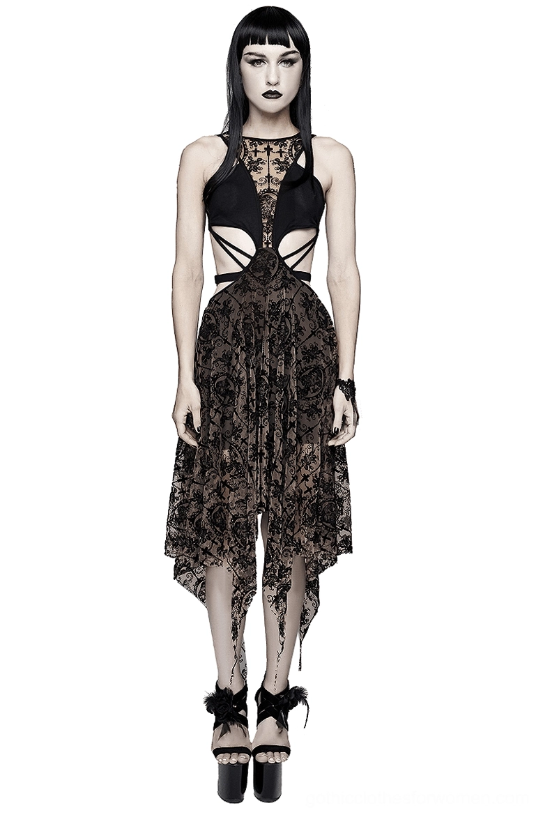 Black asymmetrical gothic vintage dress with metal heart straps - front full body view on model