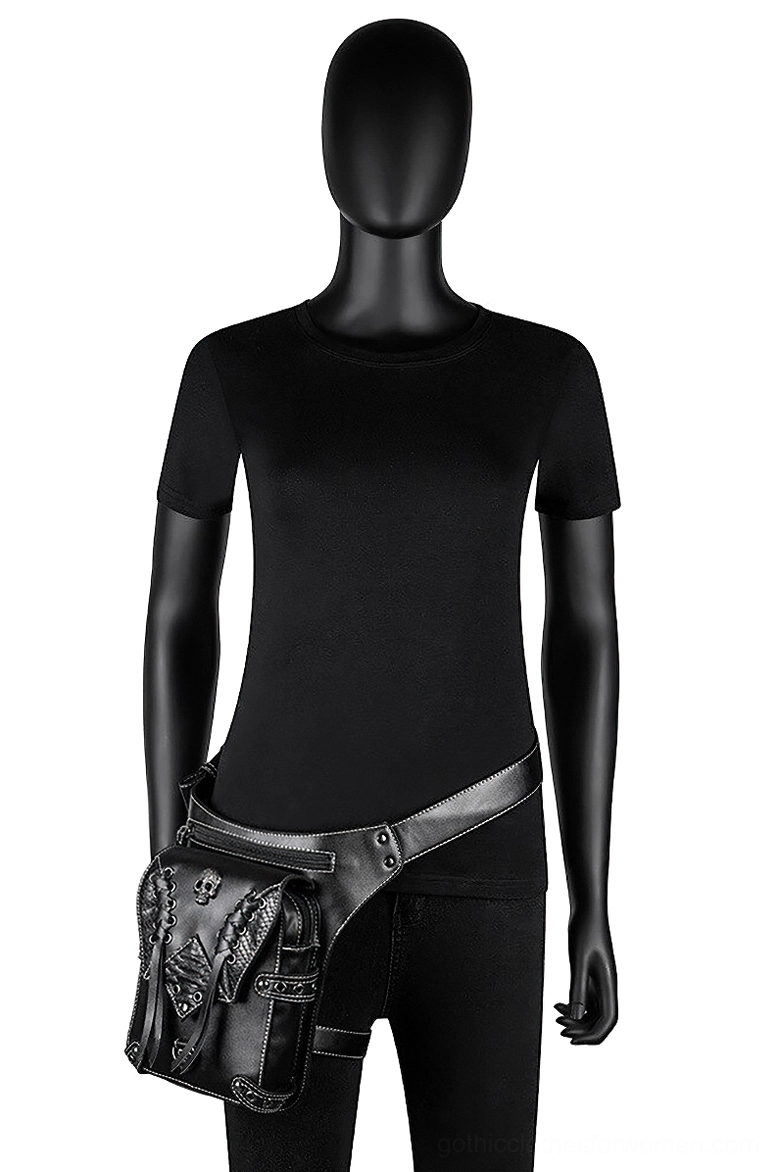Black gothic waist bag crossbody messenger styling demonstration
