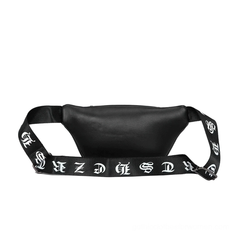 Unisex gothic waist bag displaying adjustable shoulder strap with gothic letter prints and metal hardware details