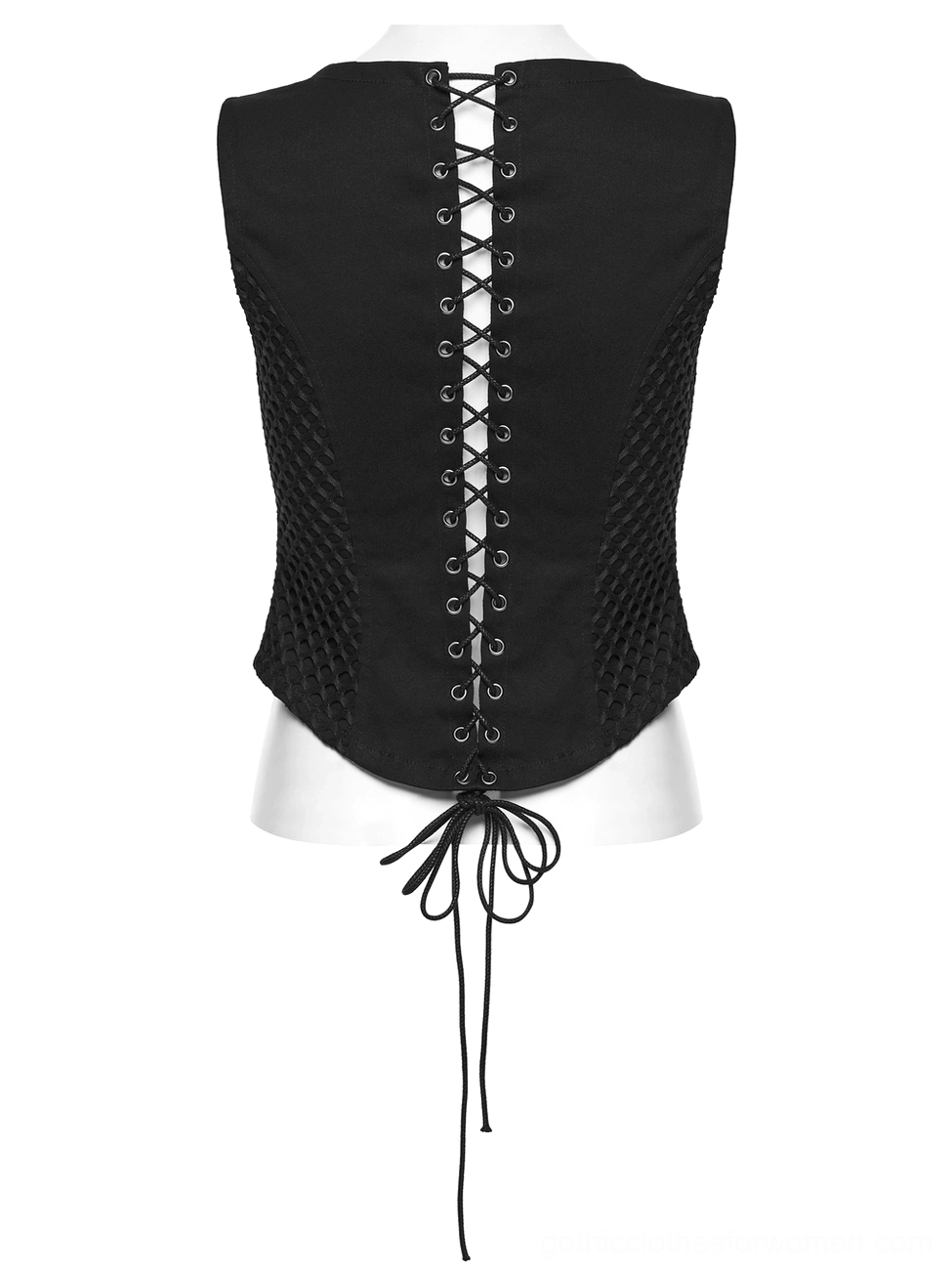 Gothic mesh waistcoat back mannequin view, featuring crisscross eyelet lace-up pattern and curved architectural hem