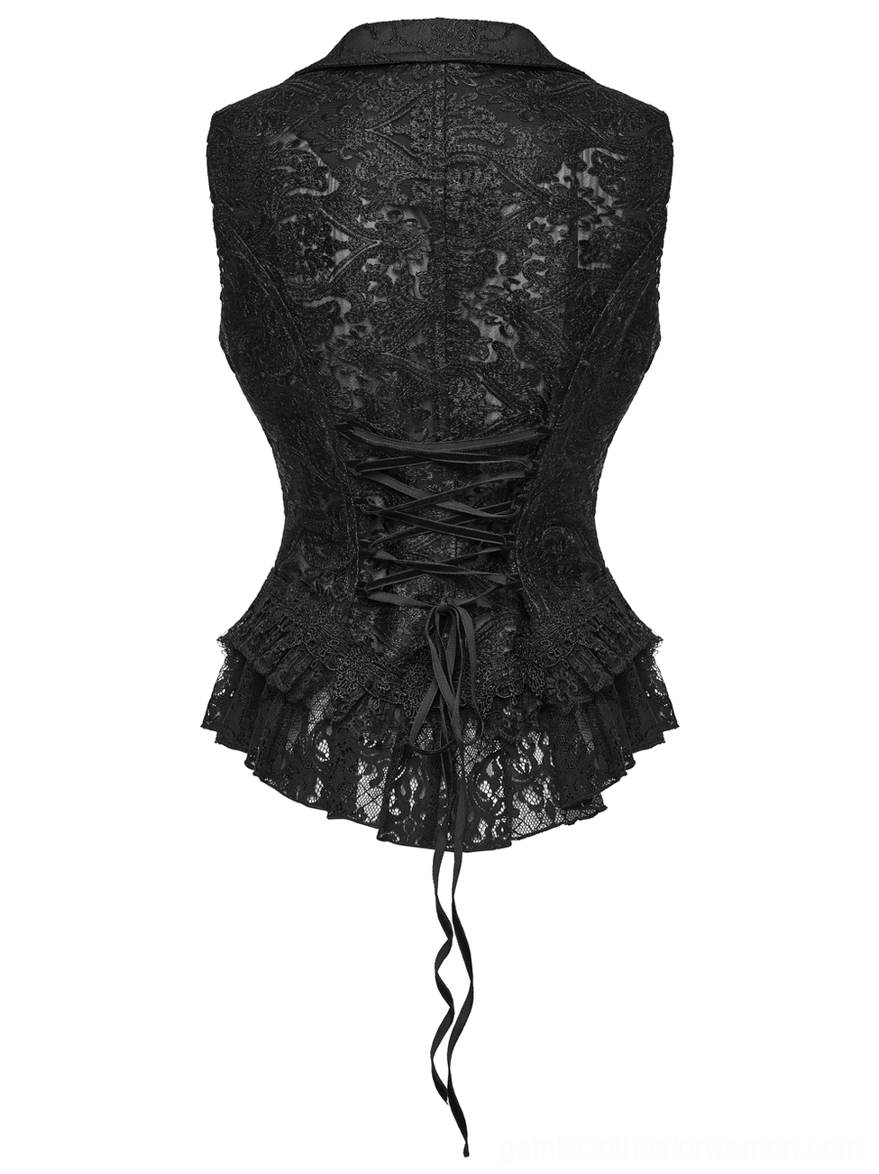 Gothic waistcoat back display with floral lace embroidery, corset lace-up closure, and layered ruffle hem