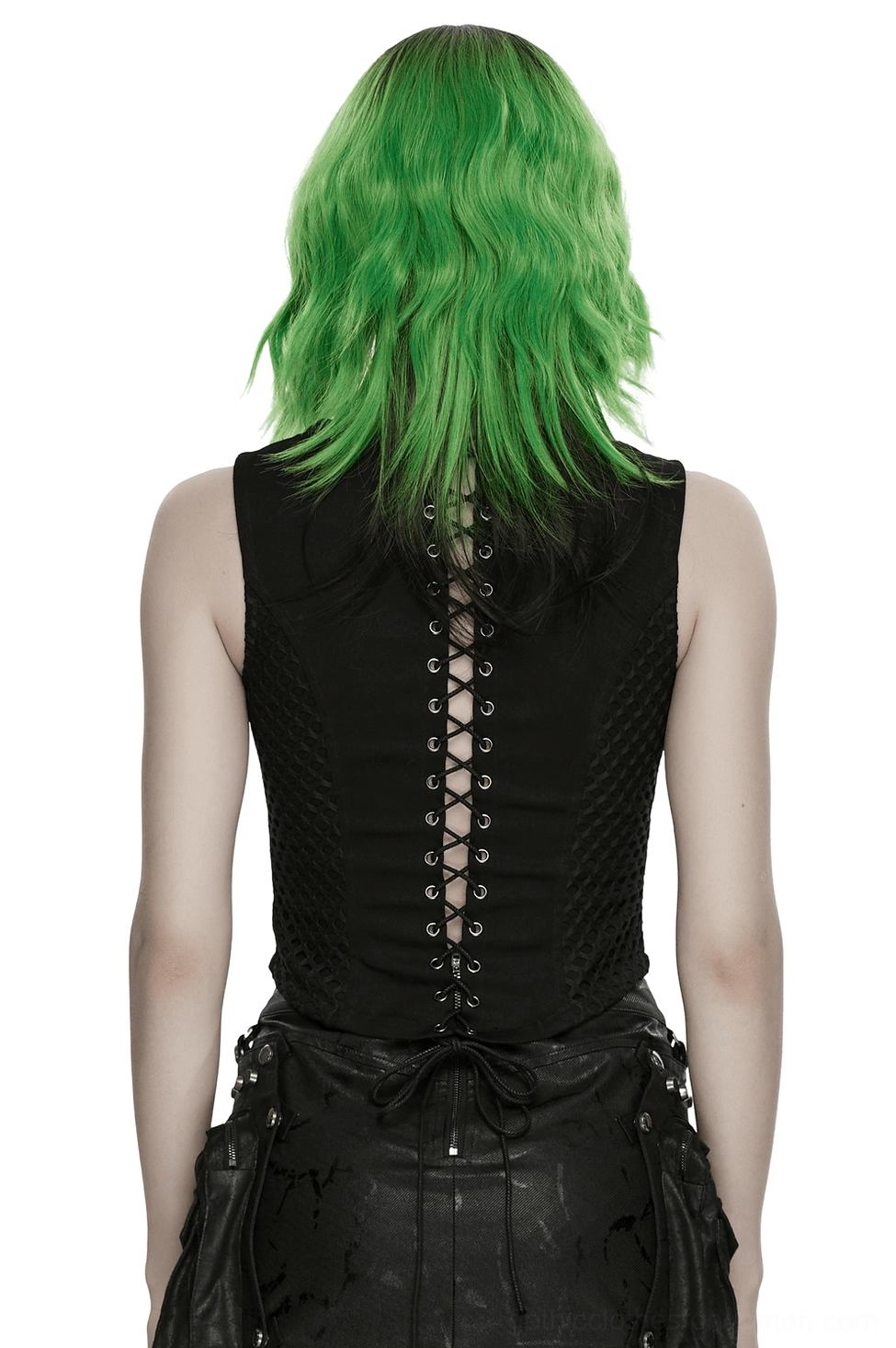Gothic waistcoat back view with dramatic crisscross lace-up drawstring design, shown on model wearing black leather skirt