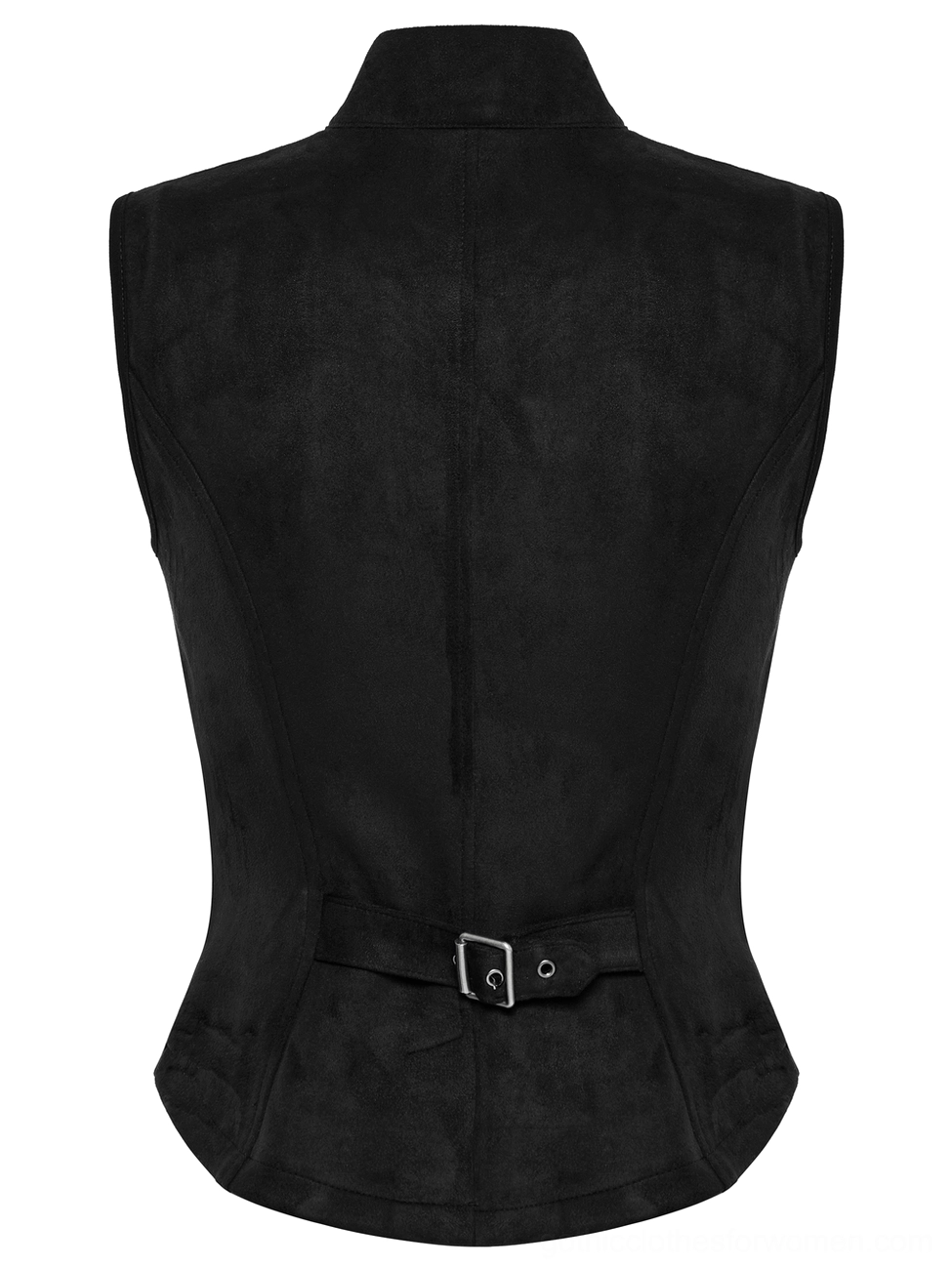 Rear flat lay of black gothic buckle waistcoat showing solid suede back panel, waist adjustment buckle hardware, mesh integration points, and structural seaming