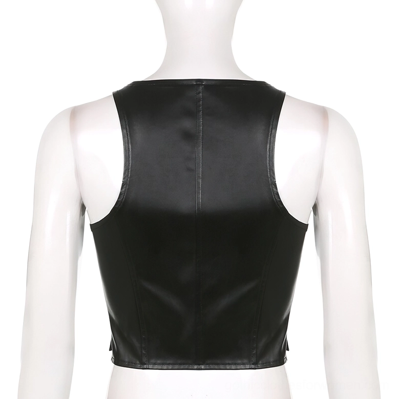 Black PU leather gothic waistcoat back view, solid black sleeveless tank style construction