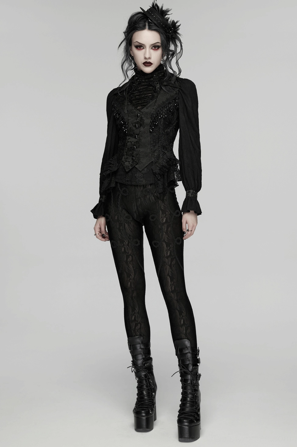 Gothic waistcoat beaded chain tassel embellishments and decorative elements close-up view