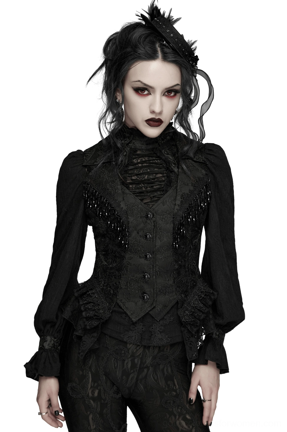 Black gothic waistcoat with beaded tassel chains and ruffled lace hem - front full-body view on model