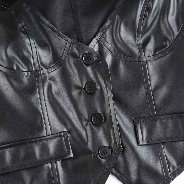 Black PU leather cropped gothic waistcoat complete outfit presentation, fashion editorial view