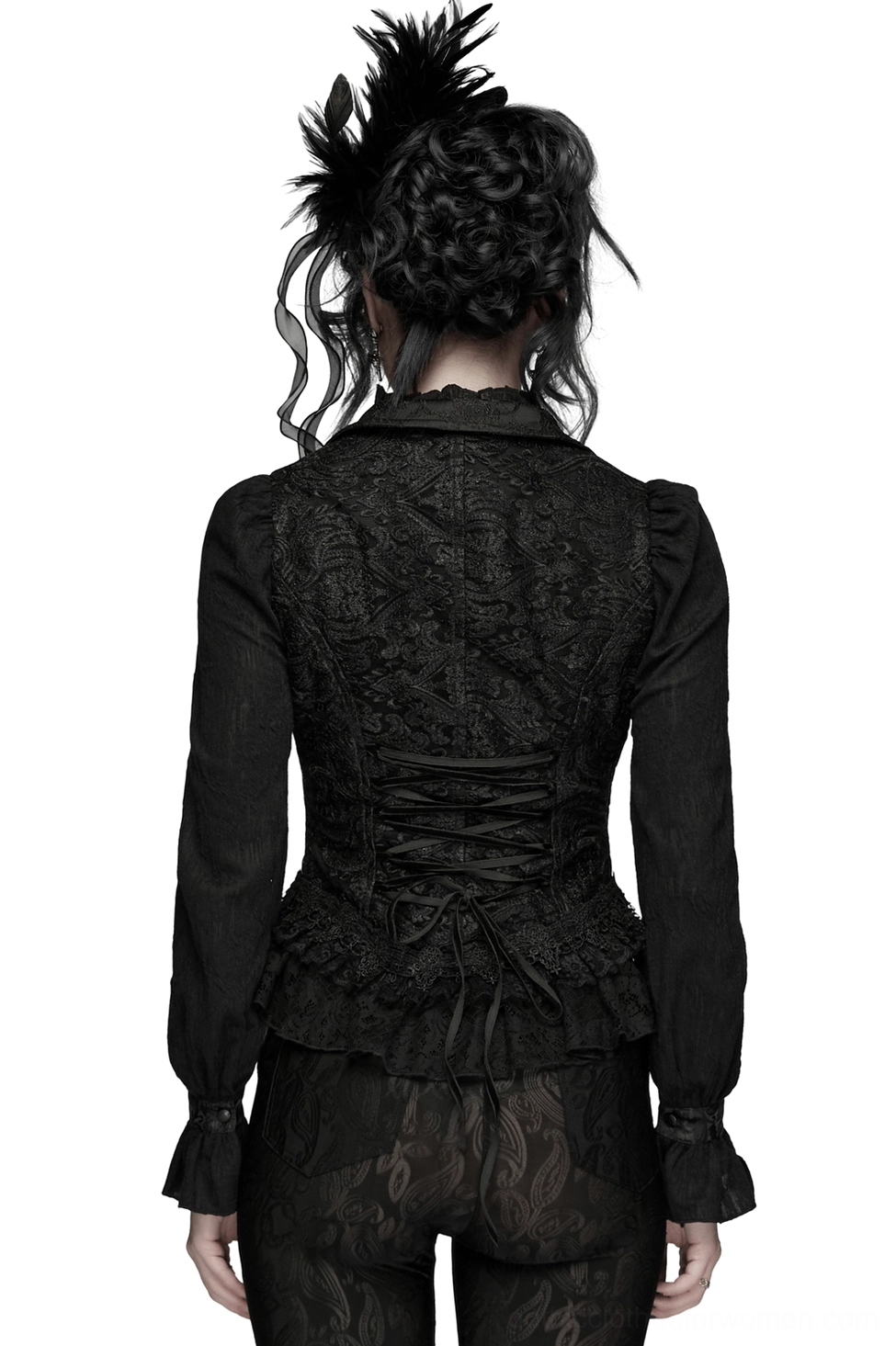 Gothic waistcoat with corset lace-up back design and ruffled hem - rear full-body view on model