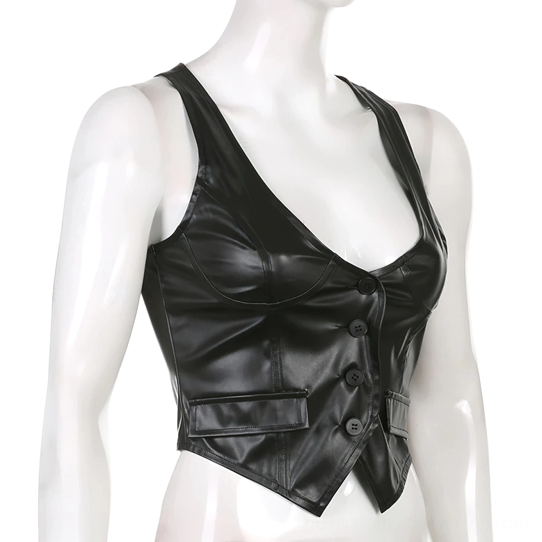 Black leather cropped waistcoat side angle, curved hem and deep V neckline design