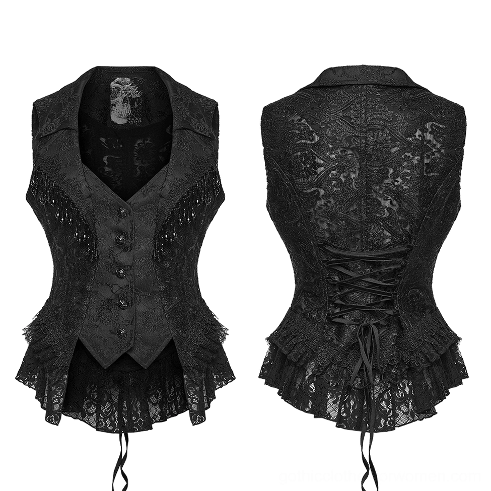 Black gothic waistcoat flat lay showing front button closure and corset back lacing detail
