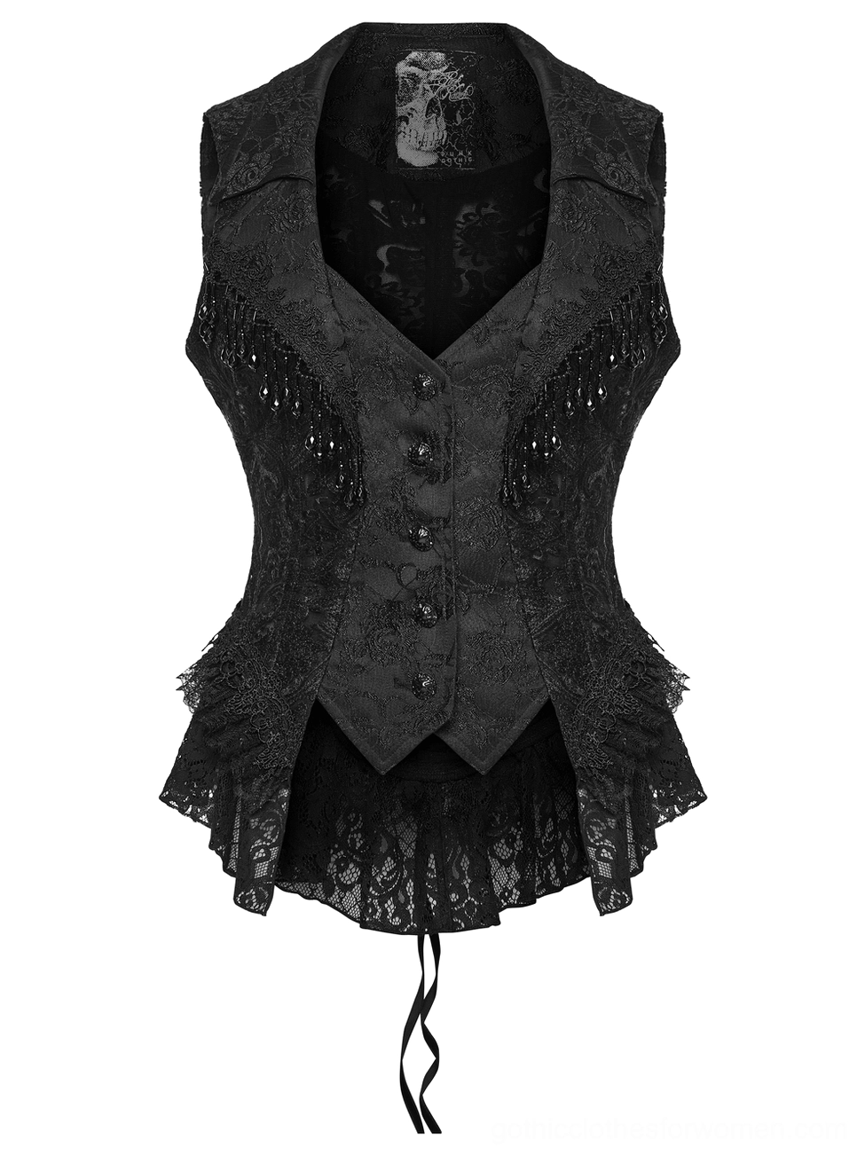 Gothic waistcoat front display with notched lapel, ornate buttons, and ruffled lace underlayer