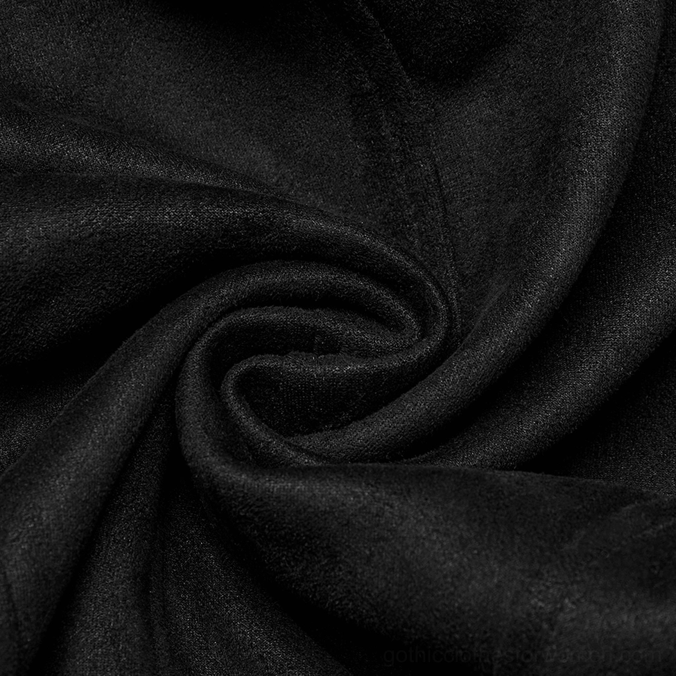 Additional front view detail of black gothic buckle waistcoat showing mesh and suede panel construction, metal hardware configuration, and design precision