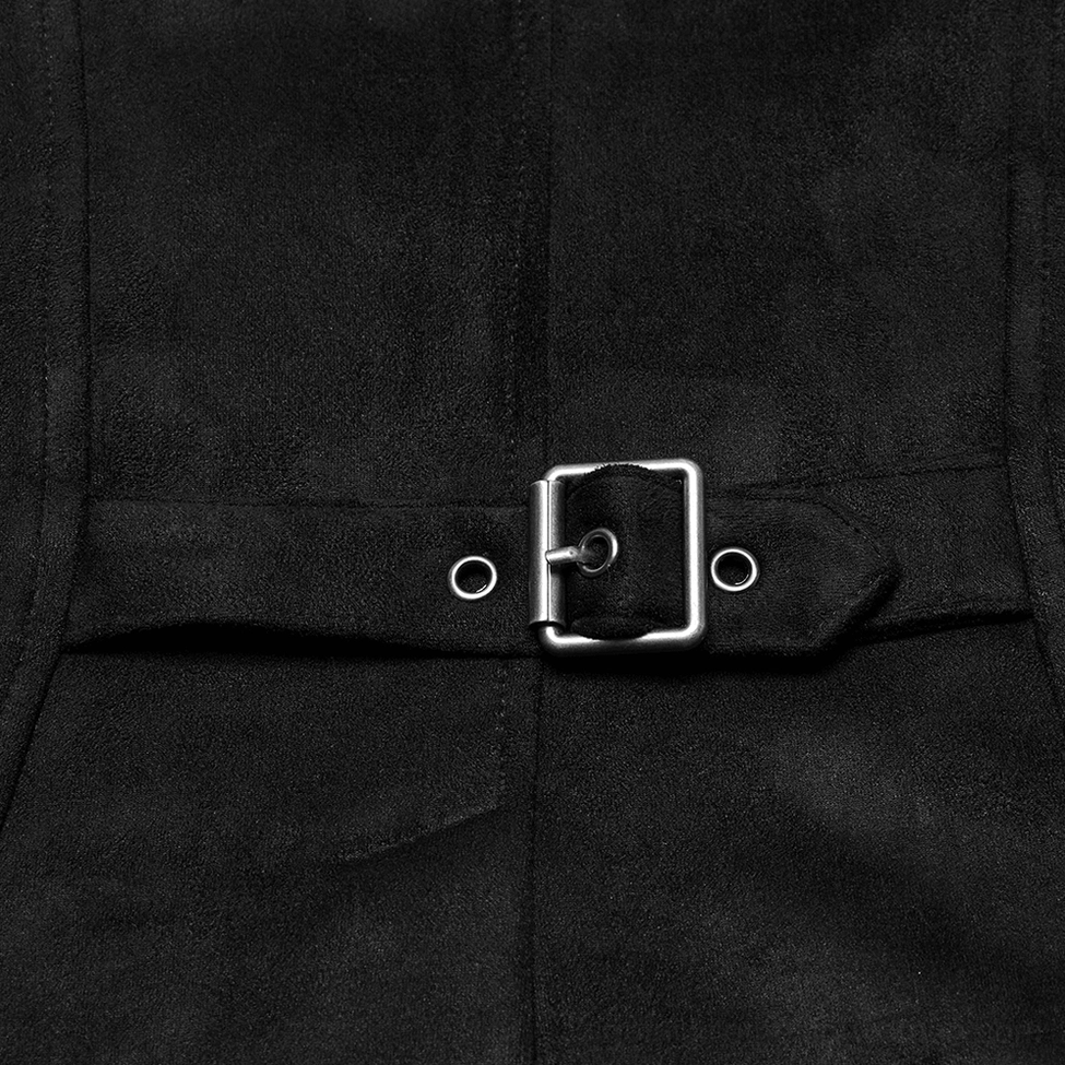 Close-up detail of rear waist adjustment buckle on skeleton cutout gothic vest, highlighting square metal hardware and suede material quality