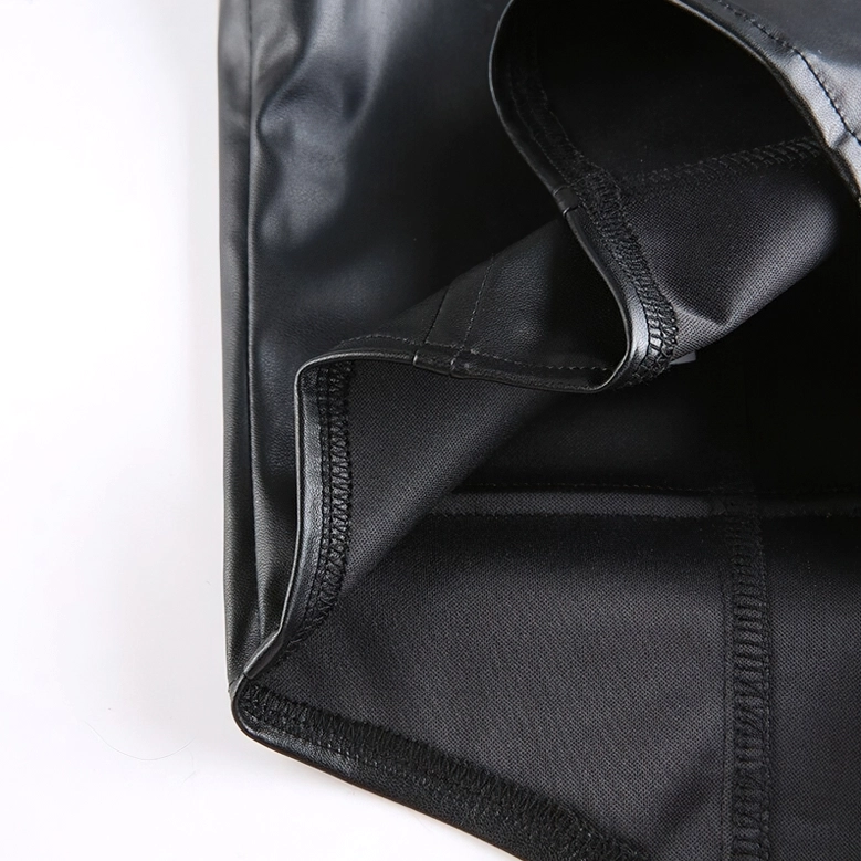 Black leather cropped gothic waistcoat secondary angle, detailed construction and design view